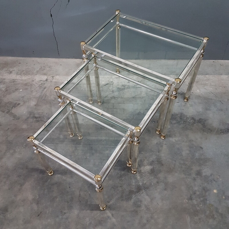 Set of 3 vintage nesting tables in silvered brass - 1980s