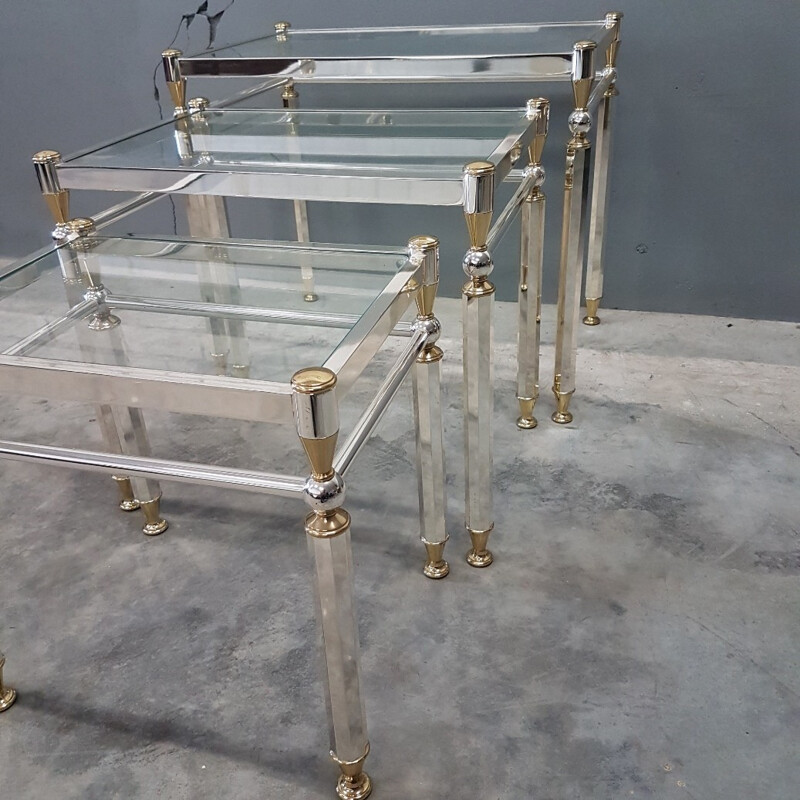 Set of 3 vintage nesting tables in silvered brass - 1980s