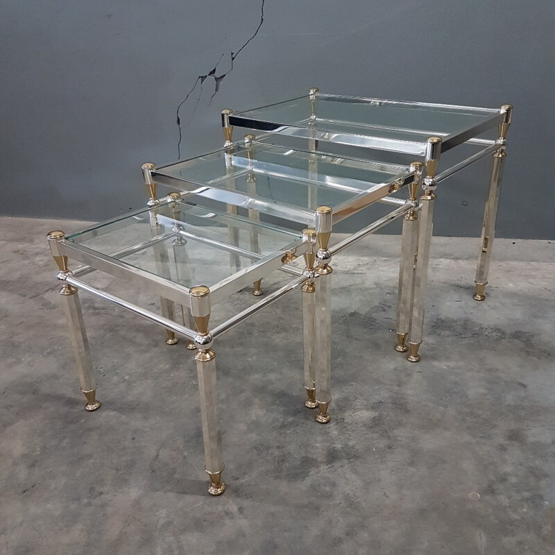 Set of 3 vintage nesting tables in silvered brass - 1980s