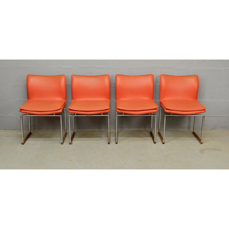 Set of 4 orange vintage dining chairs by Hillary Birkbeck for Pieff - 1970s