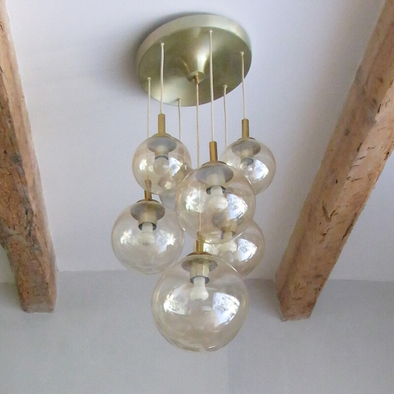 Vintage pendant lamp with 7 globes in glass and brass by Glashütte Limburg - 1970s