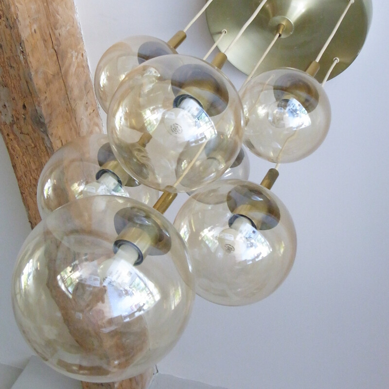 Vintage pendant lamp with 7 globes in glass and brass by Glashütte Limburg - 1970s
