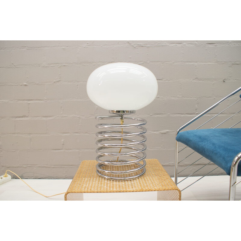 Vintage chromed spiral table lamp with oval shade in opaline glass - 1960s