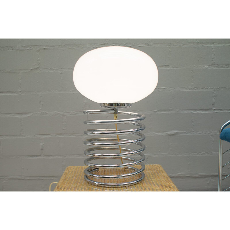 Vintage chromed spiral table lamp with oval shade in opaline glass - 1960s