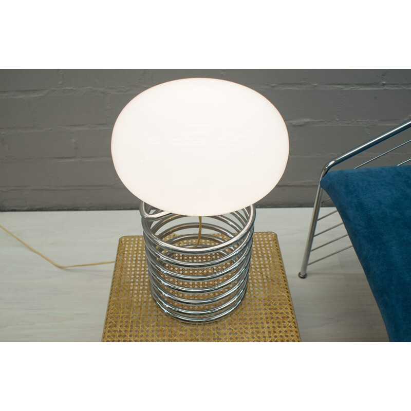 Vintage chromed spiral table lamp with oval shade in opaline glass - 1960s