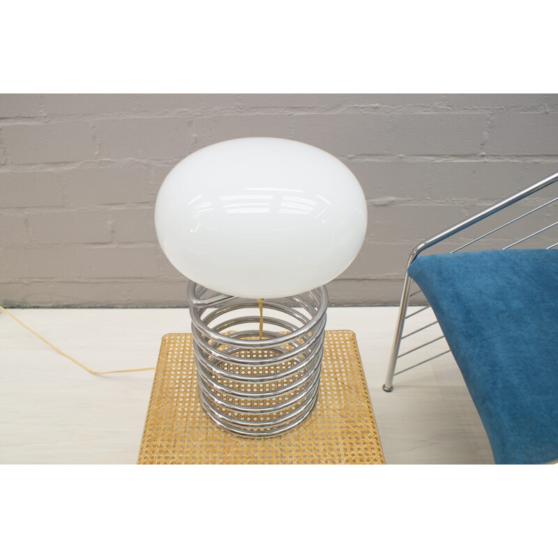 Vintage chromed spiral table lamp with oval shade in opaline glass - 1960s