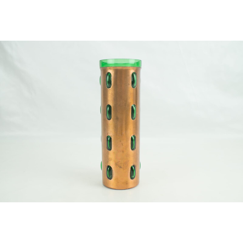 Pair of vintage cylindrical vases in copper and glass green by Nanny Still for Raak - 1960s