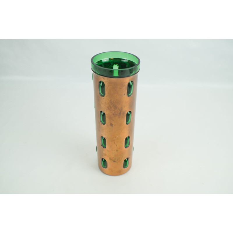 Pair of vintage cylindrical vases in copper and glass green by Nanny Still for Raak - 1960s
