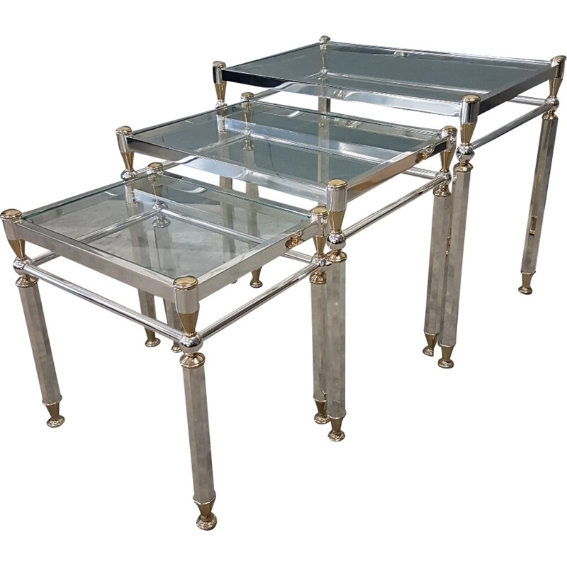 Set of 3 vintage nesting tables in silvered brass - 1980s