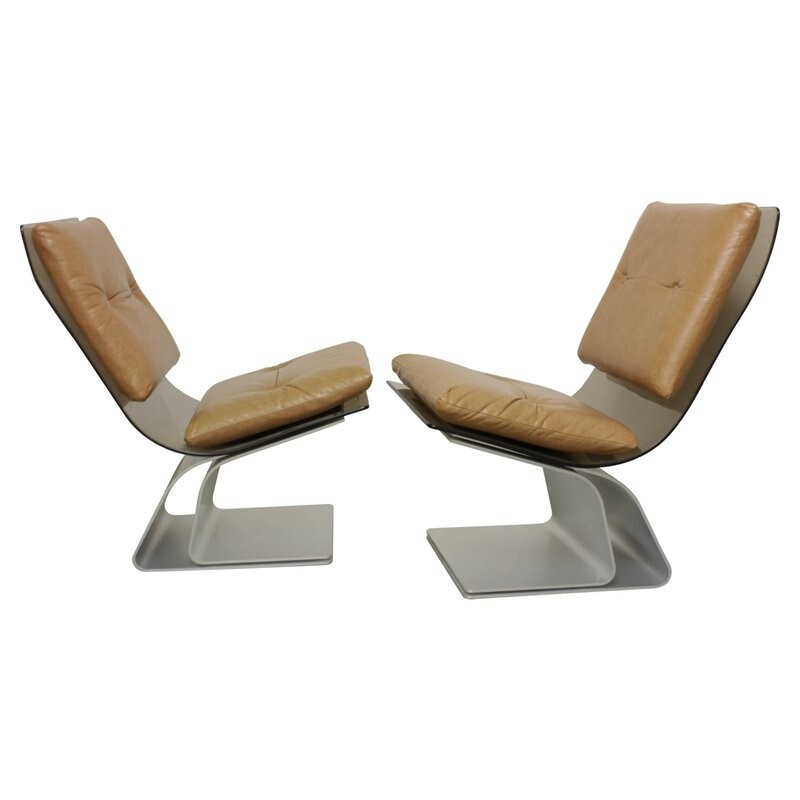 Pair of vintage chairs in glass, skai and anodized steel by Maison Jansen, France 1970