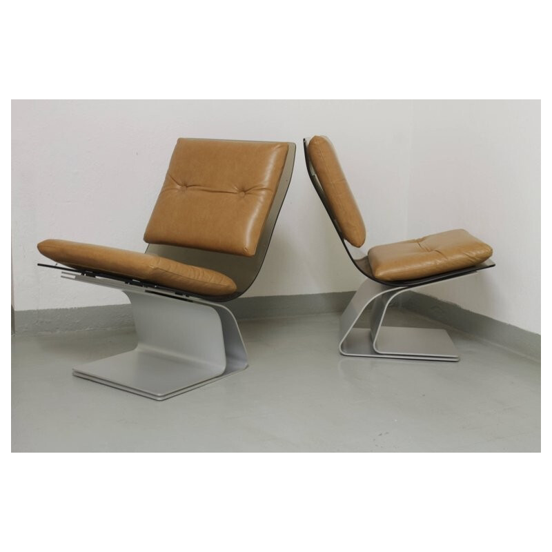 Paar vintage stoelen in glas, skai en geanodiseerd staal van Maison Jansen, Frankrijk 1970