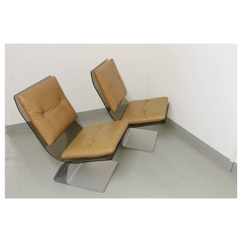 Pair of vintage chairs in glass, skai and anodized steel by Maison Jansen, France 1970