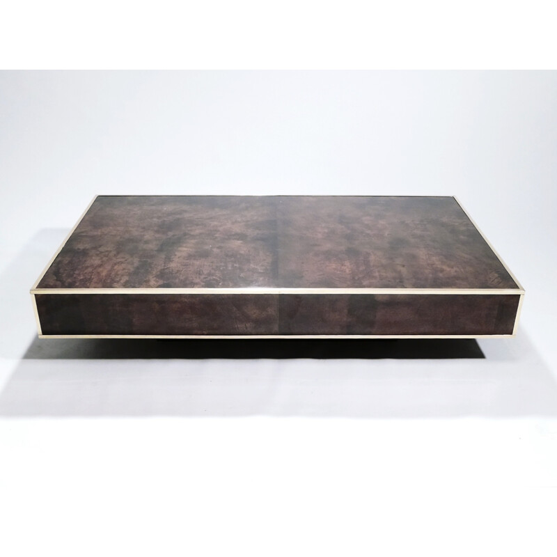 Vintage large coffee table in parchment and brass by Aldo Tura - 1960s