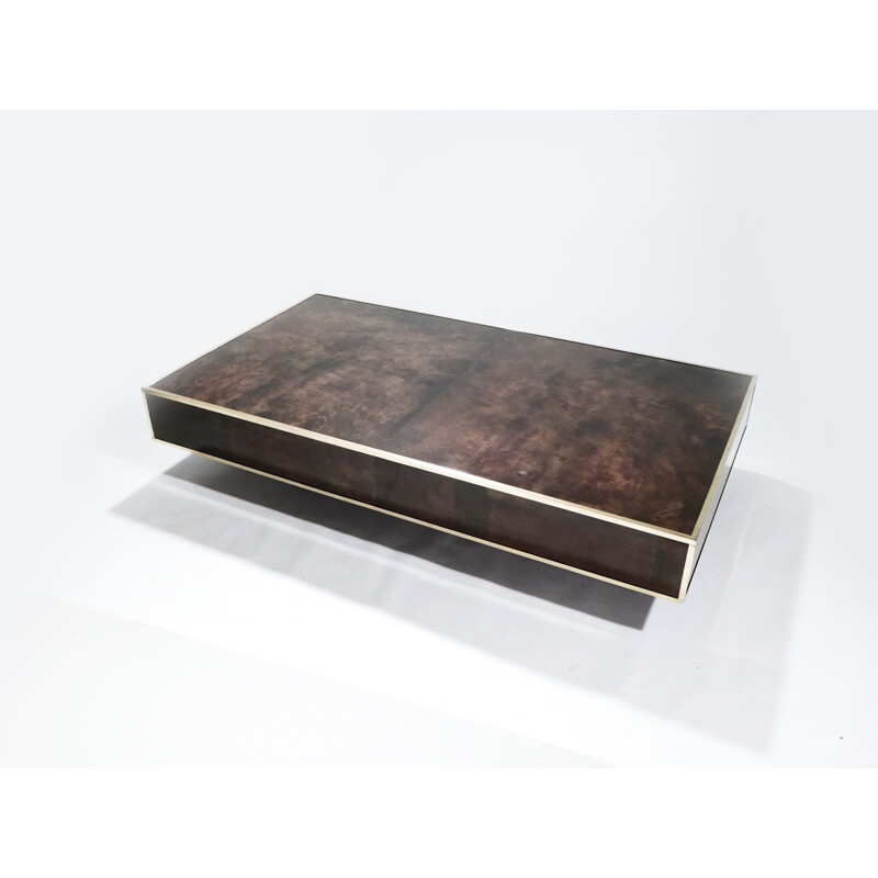 Vintage large coffee table in parchment and brass by Aldo Tura - 1960s