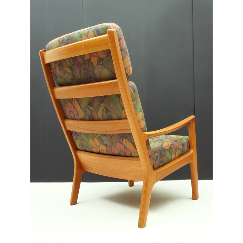 Vintage Danish high back teak armchair with ottoman 