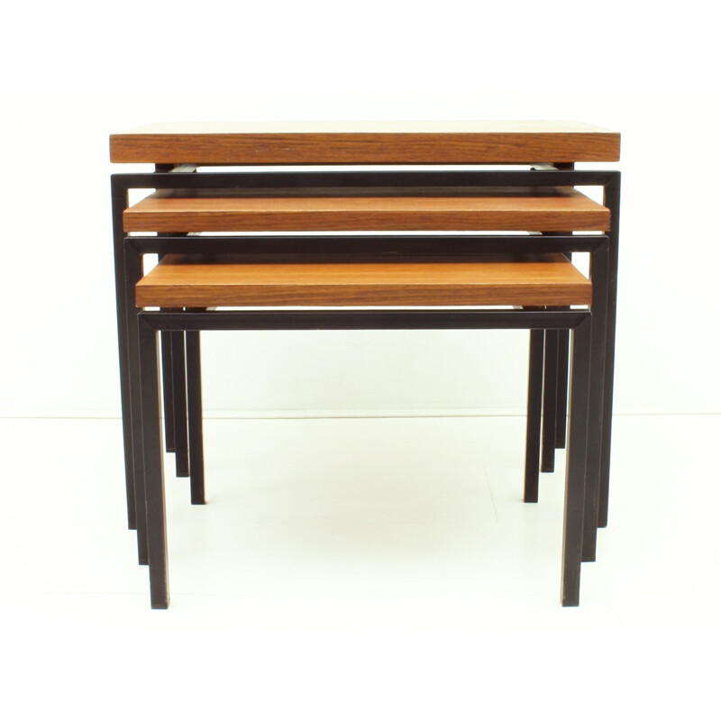 Vintage set of 3 Dutch teak and metal nesting tables by Cees Braakman for UMS - 1950s