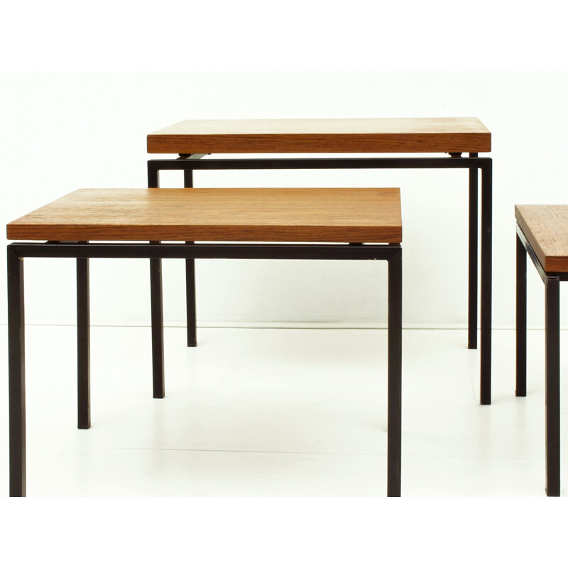 Vintage set of 3 Dutch teak and metal nesting tables by Cees Braakman for UMS - 1950s