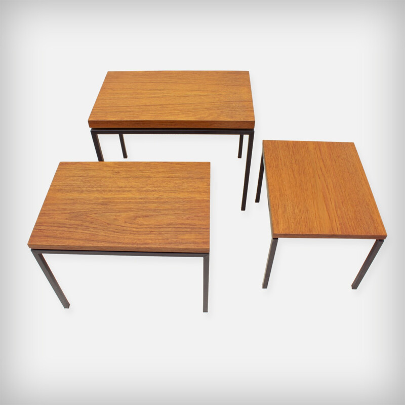 Vintage set of 3 Dutch teak and metal nesting tables by Cees Braakman for UMS - 1950s