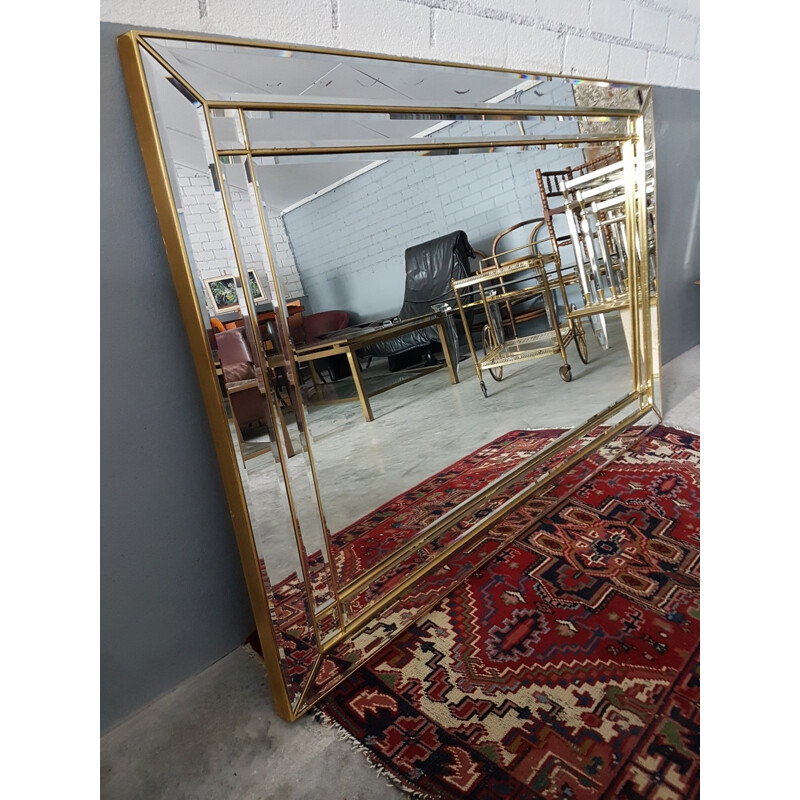 Vintage large gold plating mirror with cut mitered corners and facets by Deknudt - 1980s