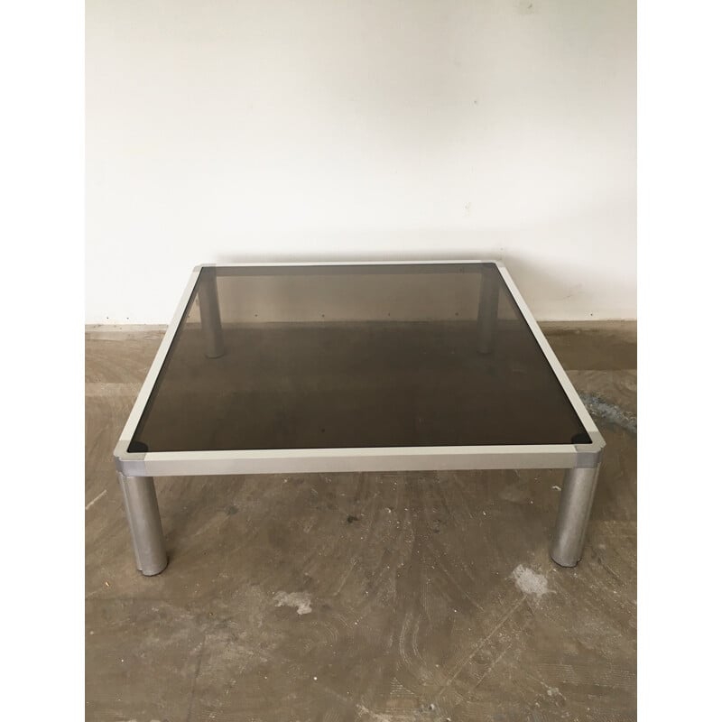 Vintage glazen en aluminium salontafel van Kho Liang, 1974