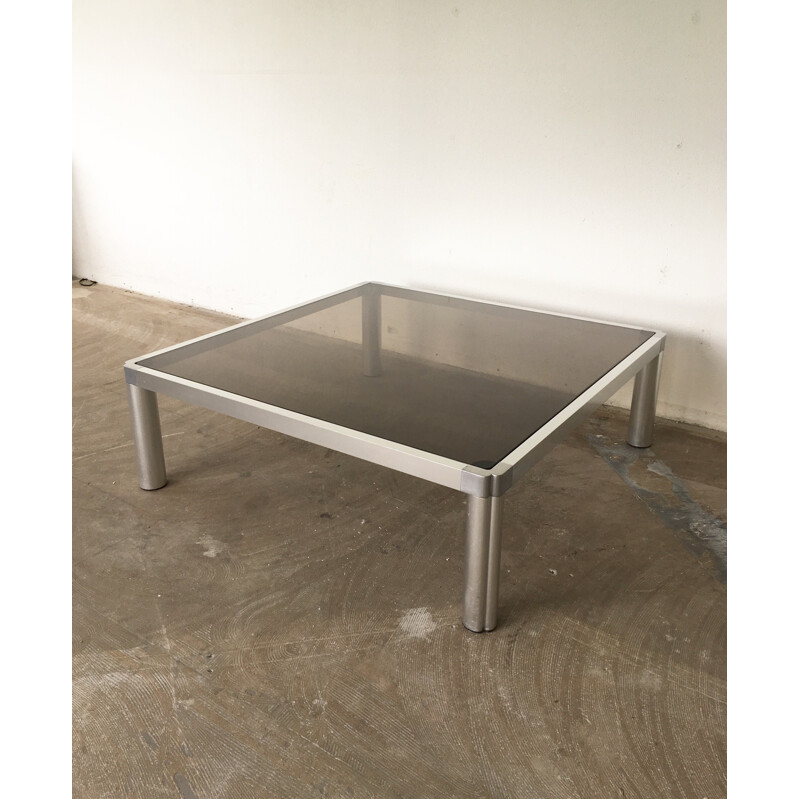 Table basse vintage en verre et aluminium par Kho Liang, 1974