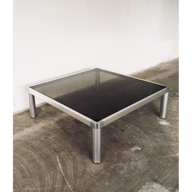 Vintage glazen en aluminium salontafel van Kho Liang, 1974