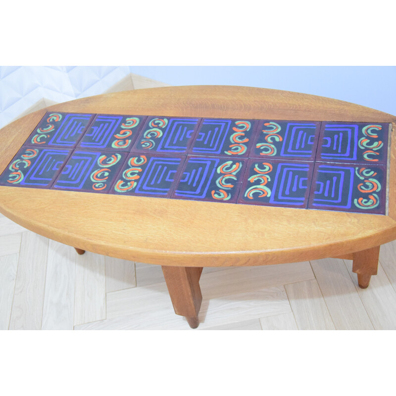 Vintage coffee table en oak with blue ceramics by Guillerme et Chambray - 1970s