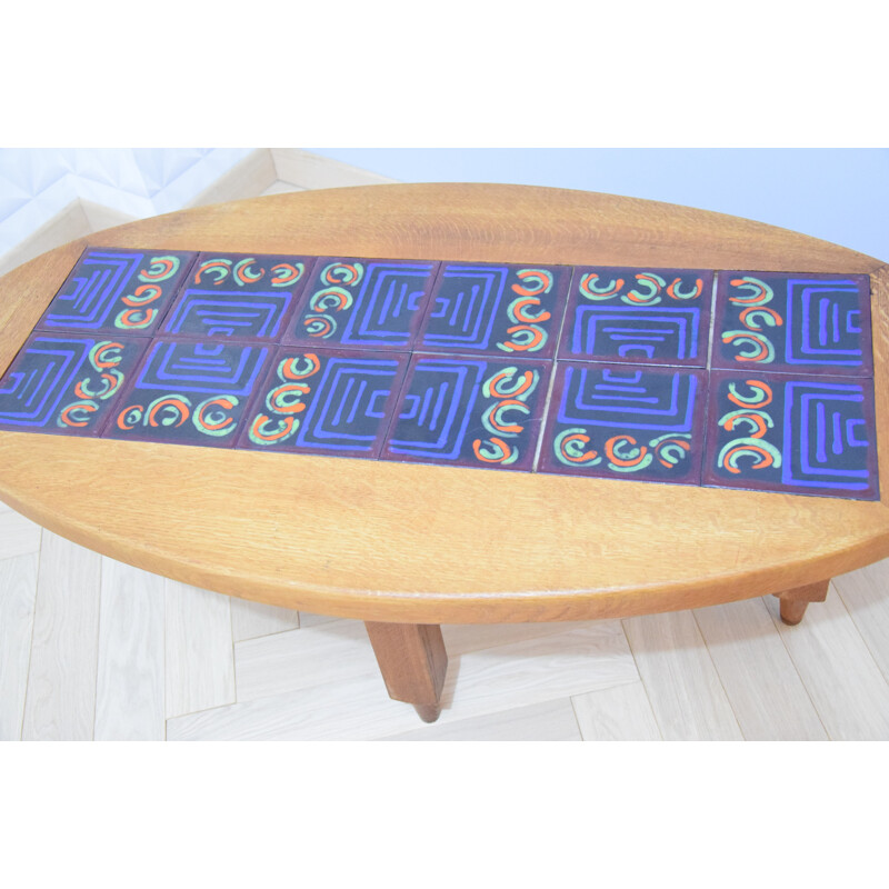 Vintage coffee table en oak with blue ceramics by Guillerme et Chambray - 1970s