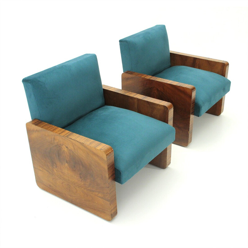 Set of 2 turquoise italian modernist armchairs - 1940s