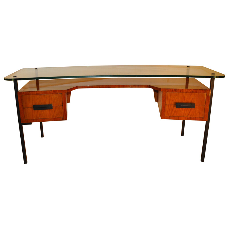 Desk in veneer ashwood and metal, HITIER - 1950