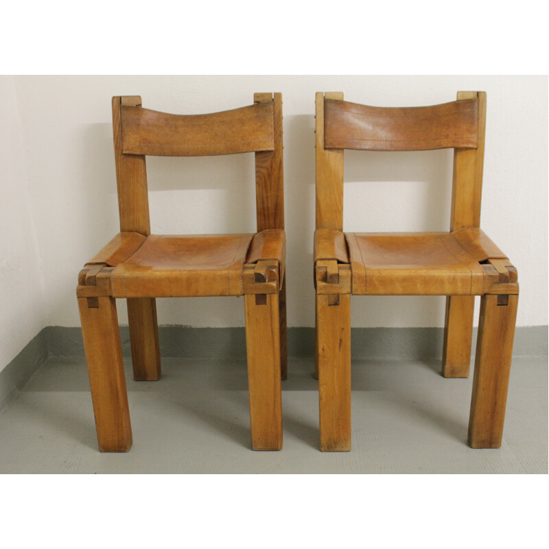 Set of 2 vintage S11 dining chairs by Pierre Chapo - 1960s