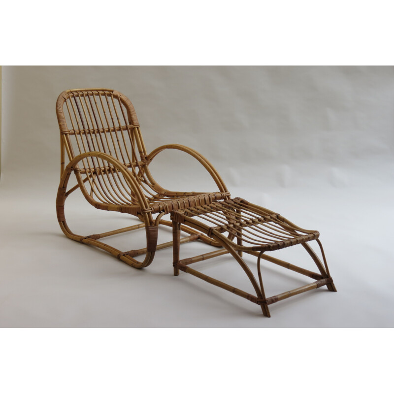 Chaise longue et repose-pieds vintage en rotin par Angraves - 1960