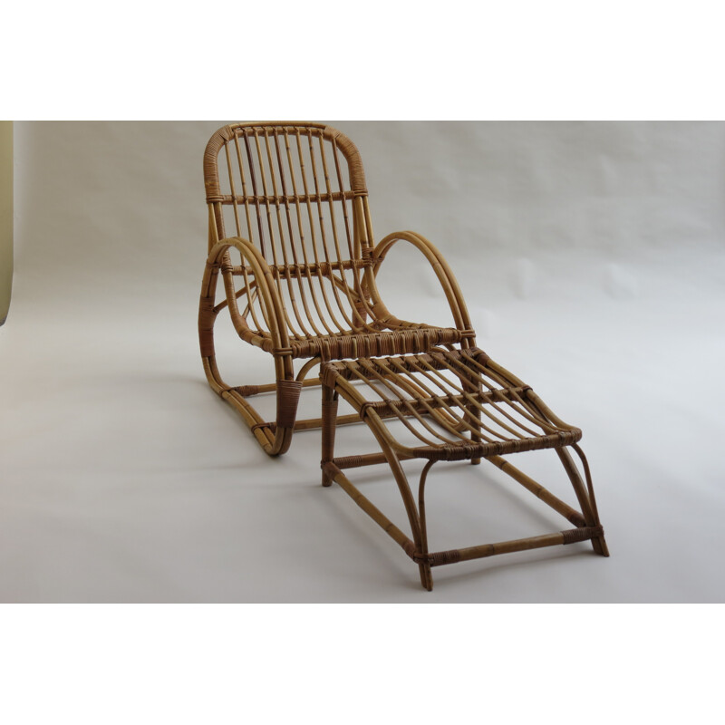 Vintage lounge chair and footstool in rattan by Angraves - 1960s
