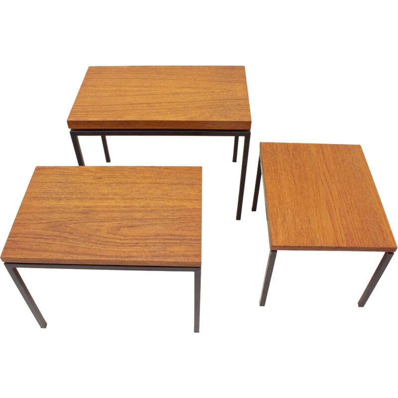 Vintage set of 3 Dutch teak and metal nesting tables by Cees Braakman for UMS - 1950s