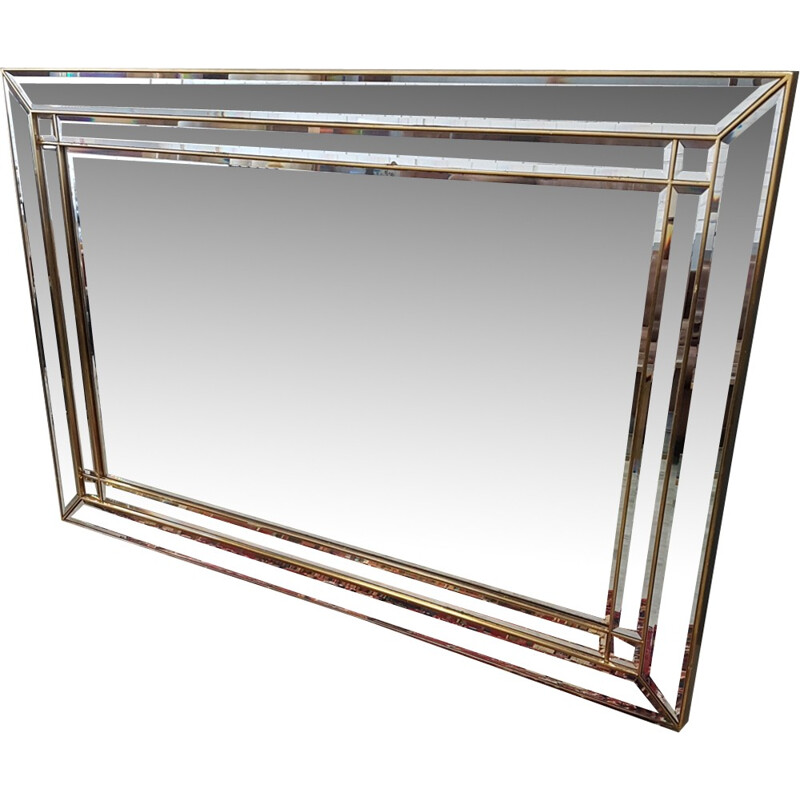 Vintage large gold plating mirror with cut mitered corners and facets by Deknudt - 1980s