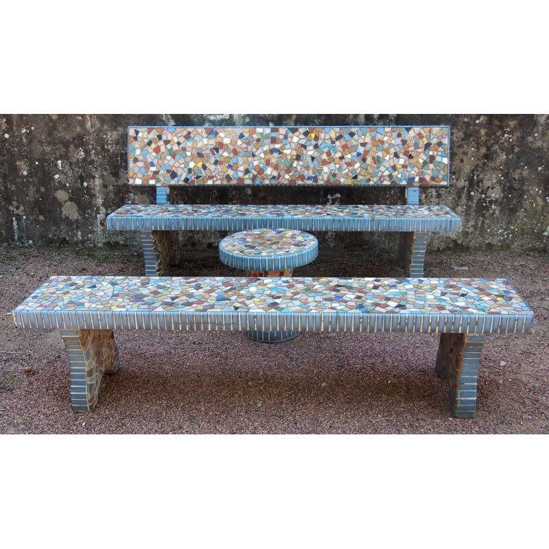 Set of 2 garden benches and mosaic pedestal table - 1960s