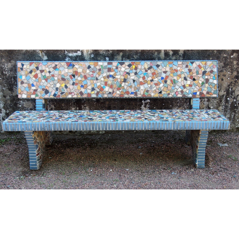 Set of 2 garden benches and mosaic pedestal table - 1960s