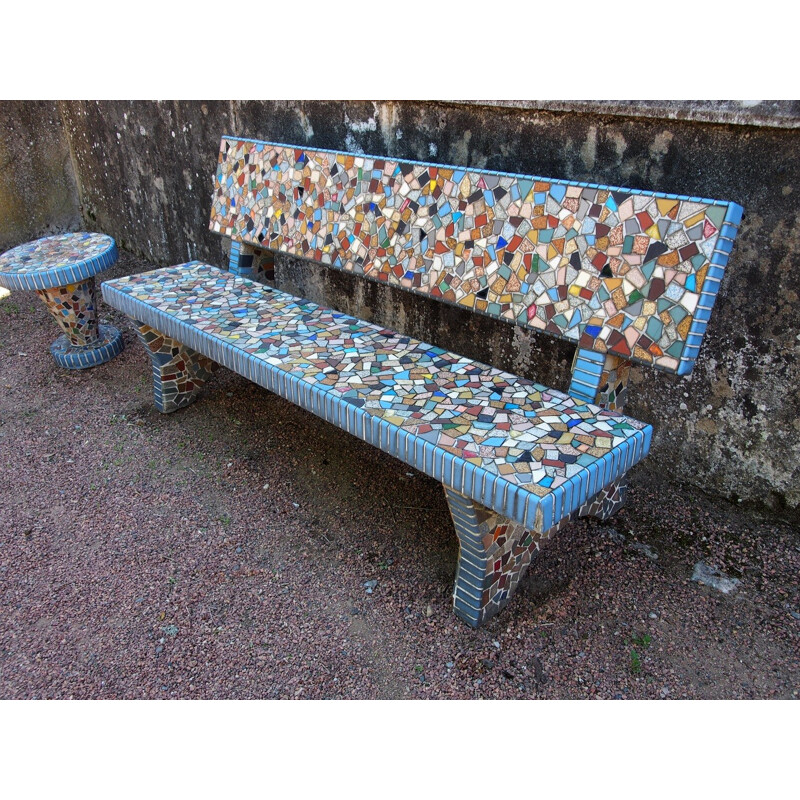 Set of 2 garden benches and mosaic pedestal table - 1960s