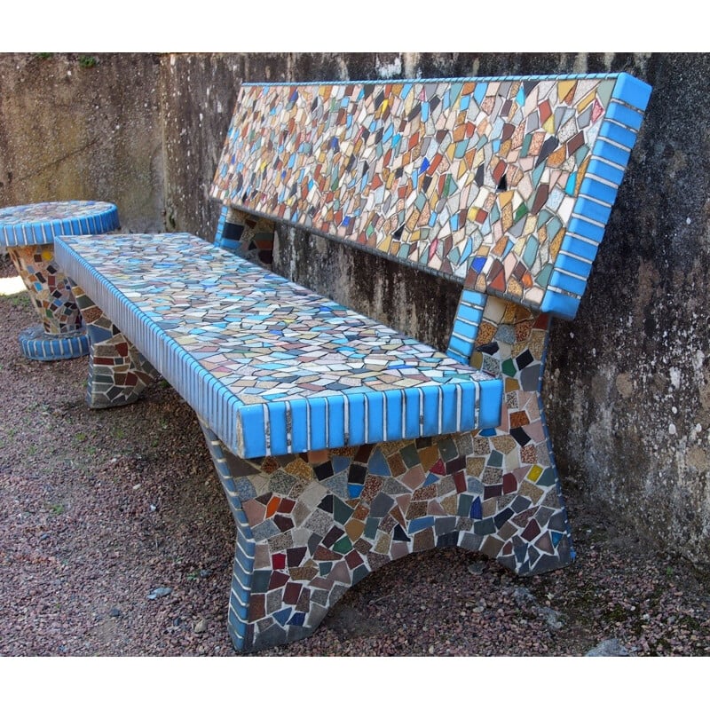 Set of 2 garden benches and mosaic pedestal table - 1960s
