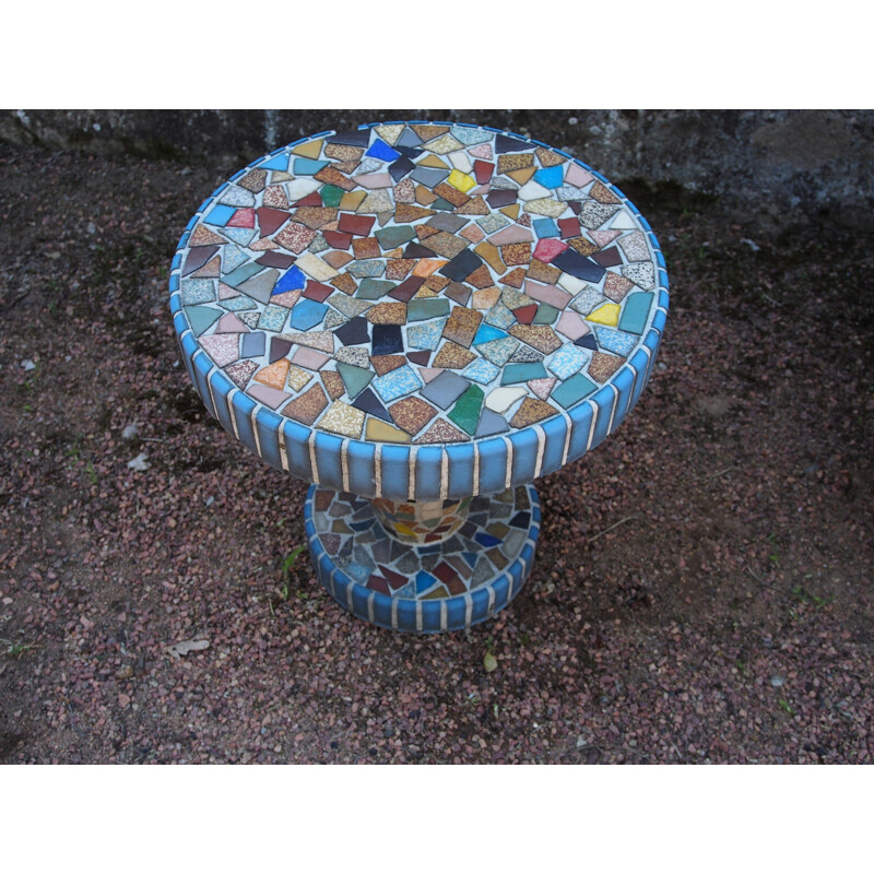 Set of 2 garden benches and mosaic pedestal table - 1960s