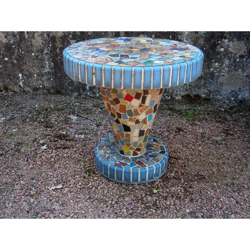 Set of 2 garden benches and mosaic pedestal table - 1960s