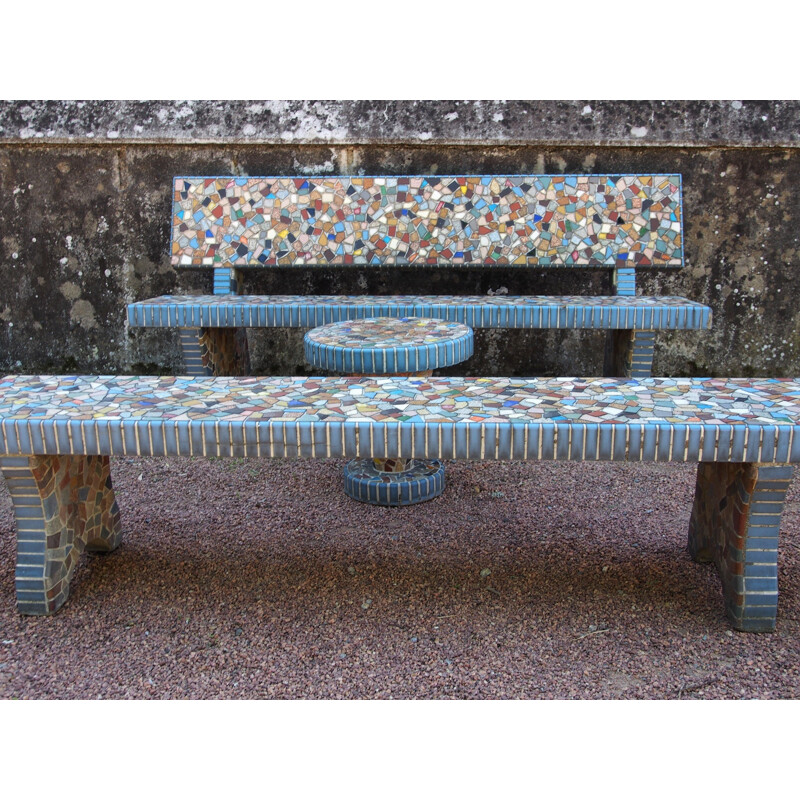 Set of 2 garden benches and mosaic pedestal table - 1960s