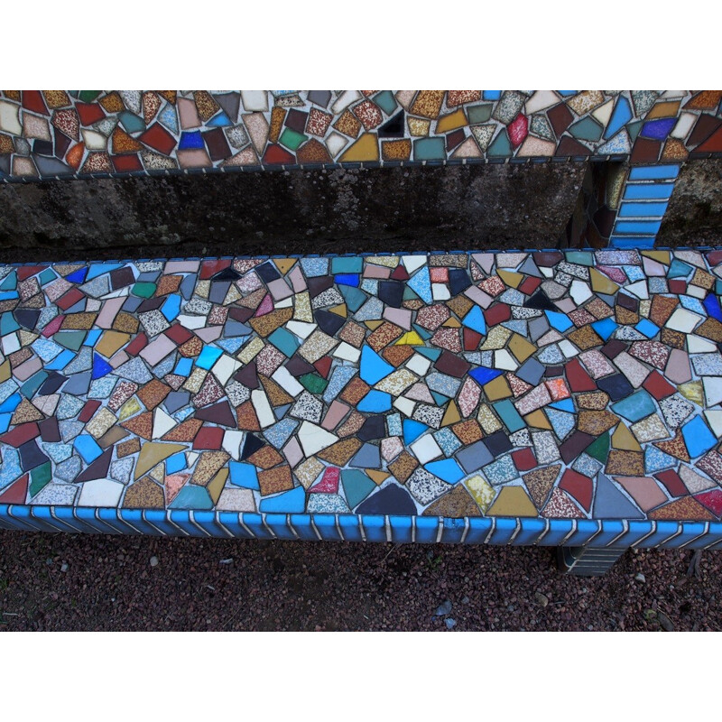 Set of 2 garden benches and mosaic pedestal table - 1960s