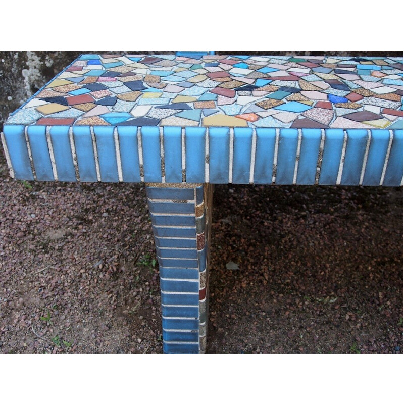 Set of 2 garden benches and mosaic pedestal table - 1960s
