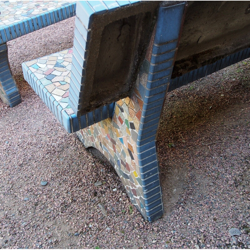 Set of 2 garden benches and mosaic pedestal table - 1960s