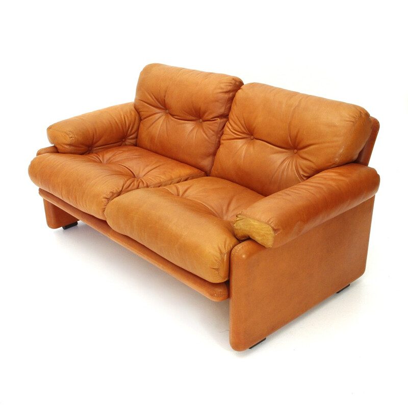 Brown leather Coronado two-seater sofa by Tobia Scarpa for B&B - 1960s