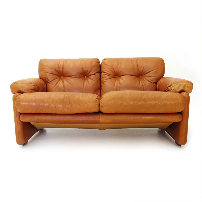 Brown leather Coronado two-seater sofa by Tobia Scarpa for B&B - 1960s
