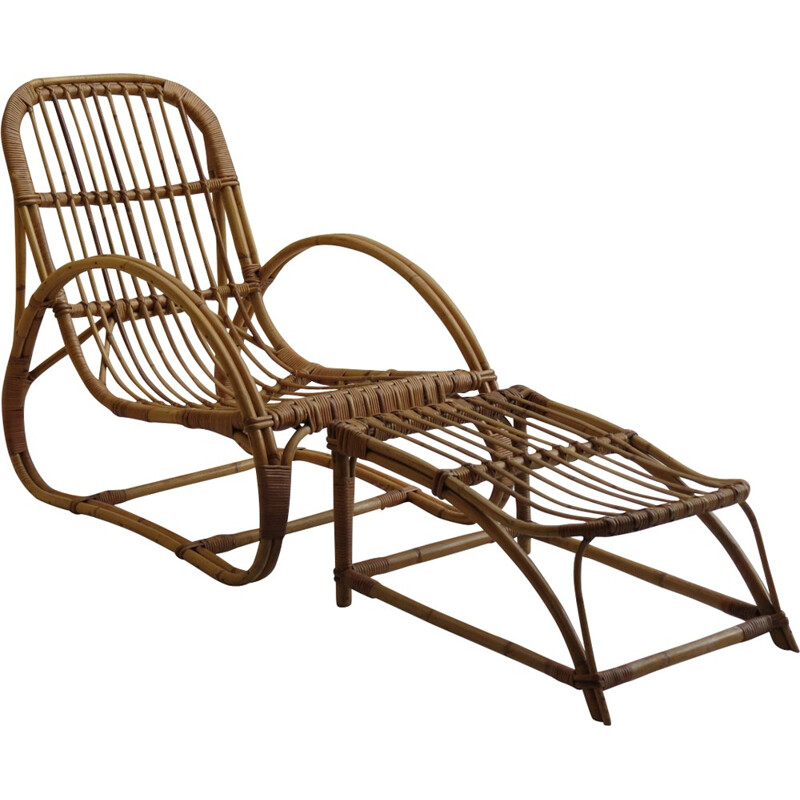 Chaise longue et repose-pieds vintage en rotin par Angraves - 1960