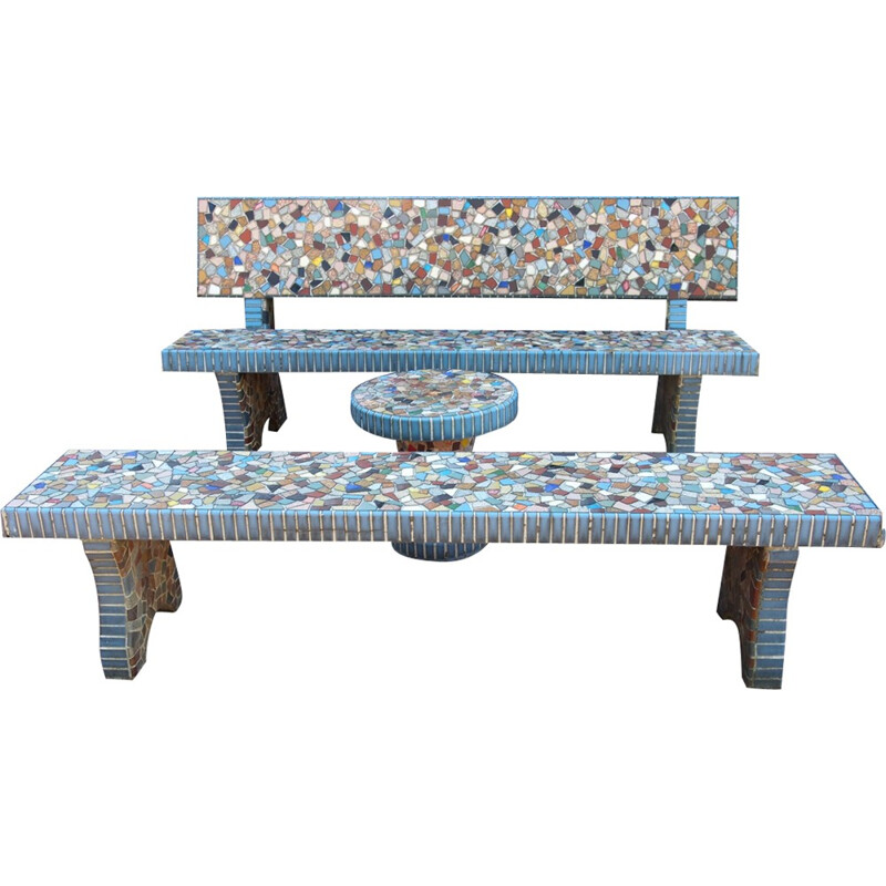 Set of 2 garden benches and mosaic pedestal table - 1960s