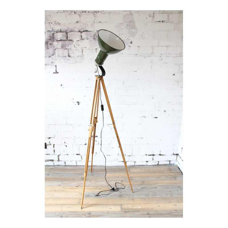 Vintage green industrial lamp on tripod - 1950s
